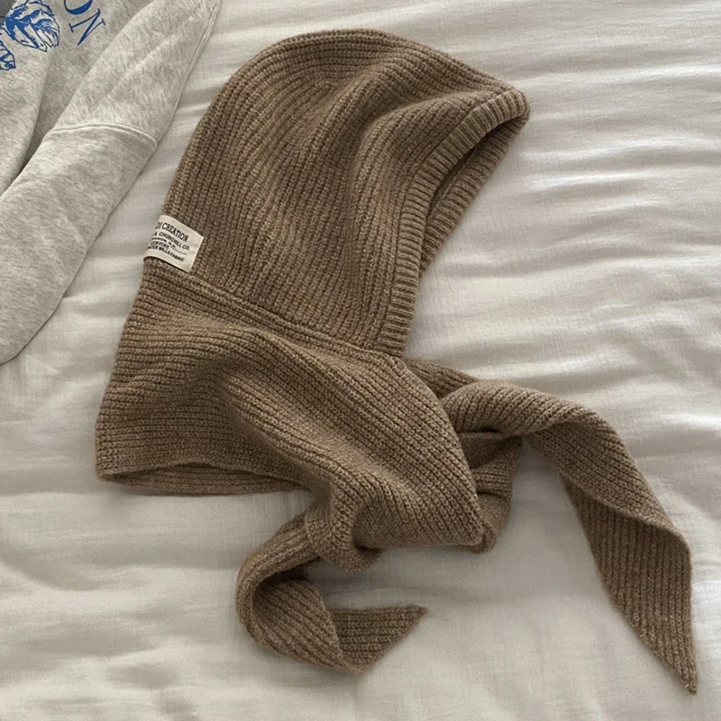 Winterwarme Woll-Strickmütze mit Falschem Schalkragen, Kapuzenpullover und Einteiligem Nackenwärmer für den Außeneinsatz bei Kälte – Detail 19