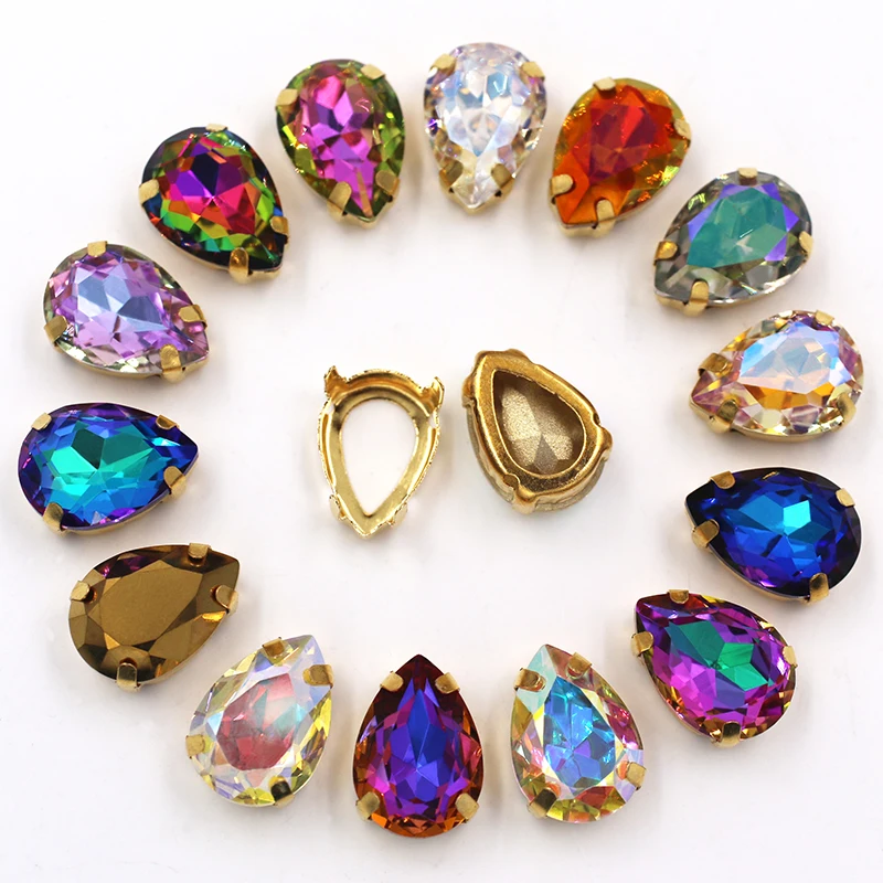 New arrivals Teardrop shape K9 glass crystal sew on rhinestones with gold Hollow frame DIY Handicrafts/clothing