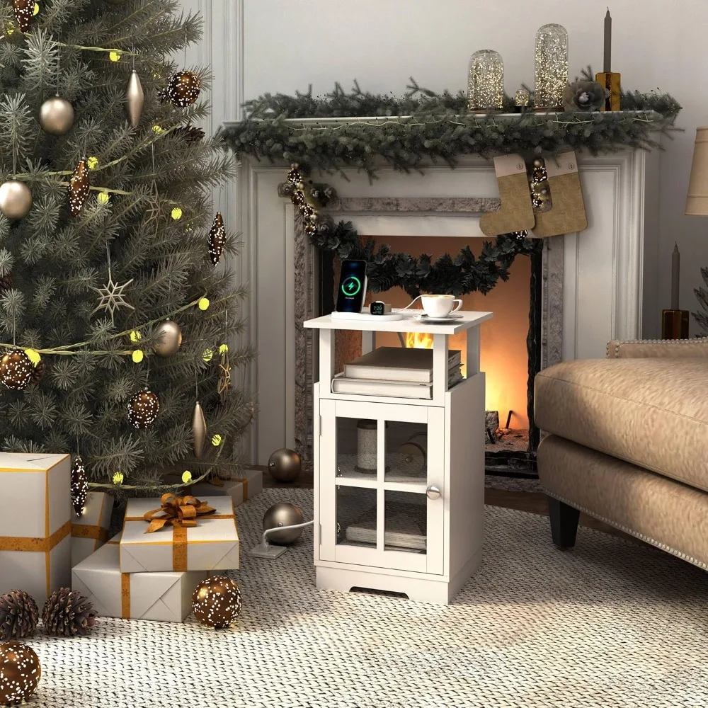 Modern White Side Table with USB Charging and Outlets, Mid-Century Inspired Nightstand