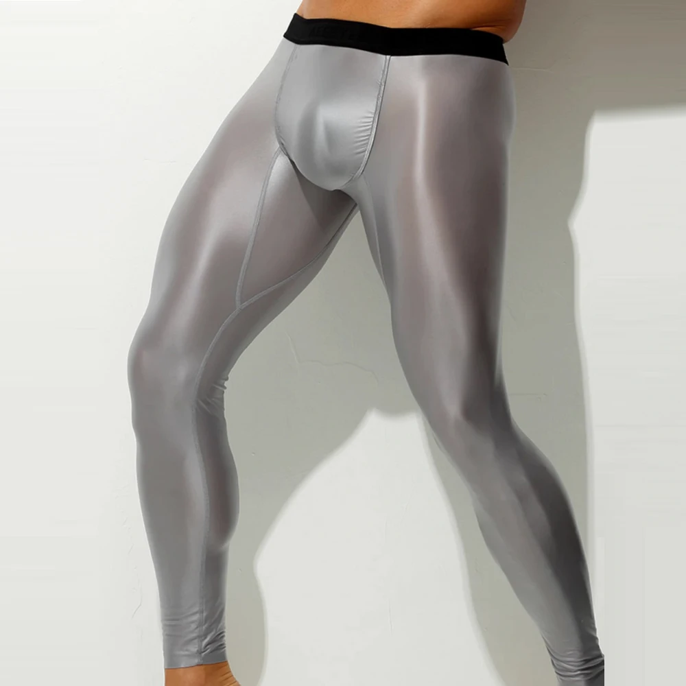 Men Sexy Ultra Thin Ice Silk Leggings High Elastic Breathable Pants Warm Sweatpants Oil Smooth Fitness Tights Leggings Plus Size