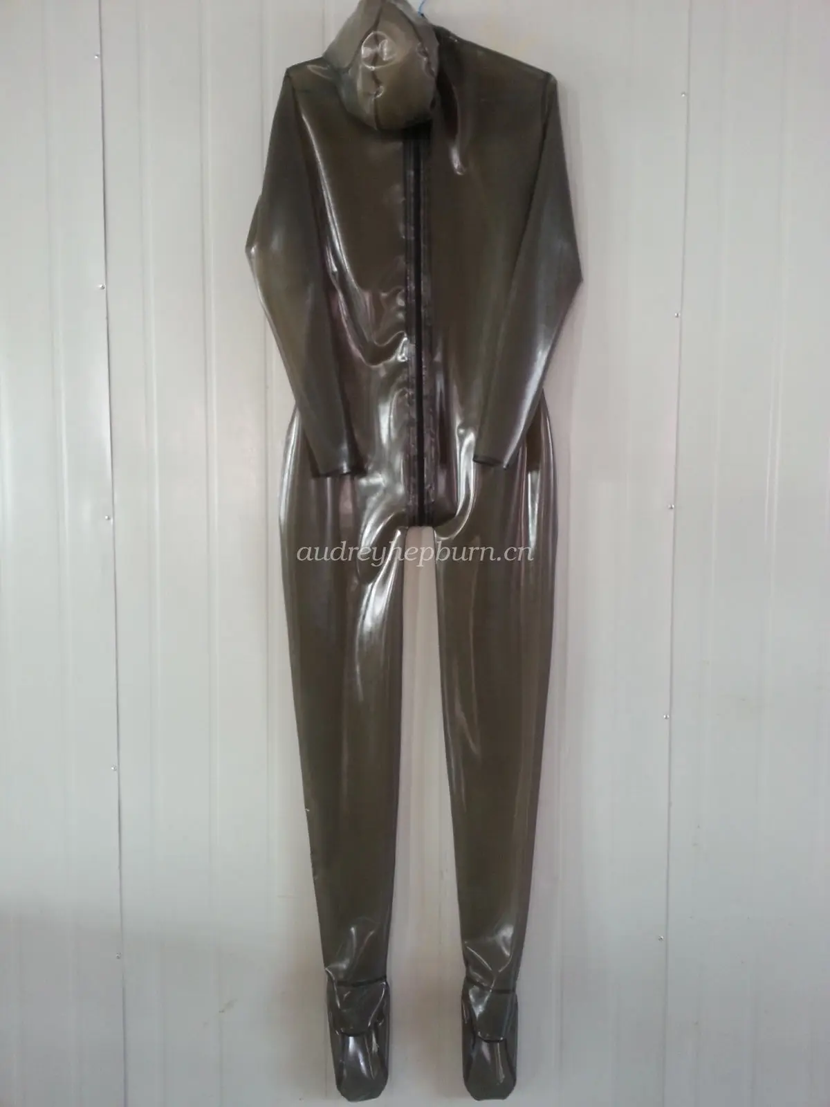 Latex Rubber Bodysuit Suit Catsuit With Mask Headgear Smoke Gray Size XXS-XXL