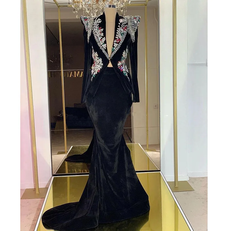 2025 Velvet Jacket & Skirt Set With Crystal Embroidery Long Evening Dresses Beading Woman Party Night Fashion Photography Gowns