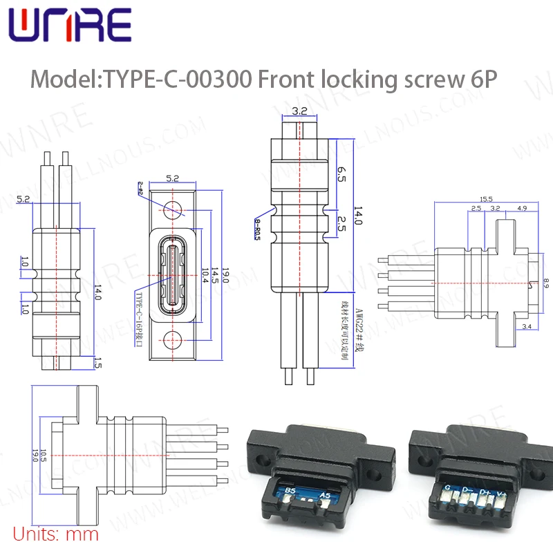 Front Lock Screw TYPE-C-00300 Waterproof With Ears Power Connection Port Fast Charging Data Cable Female Socket USB Connector