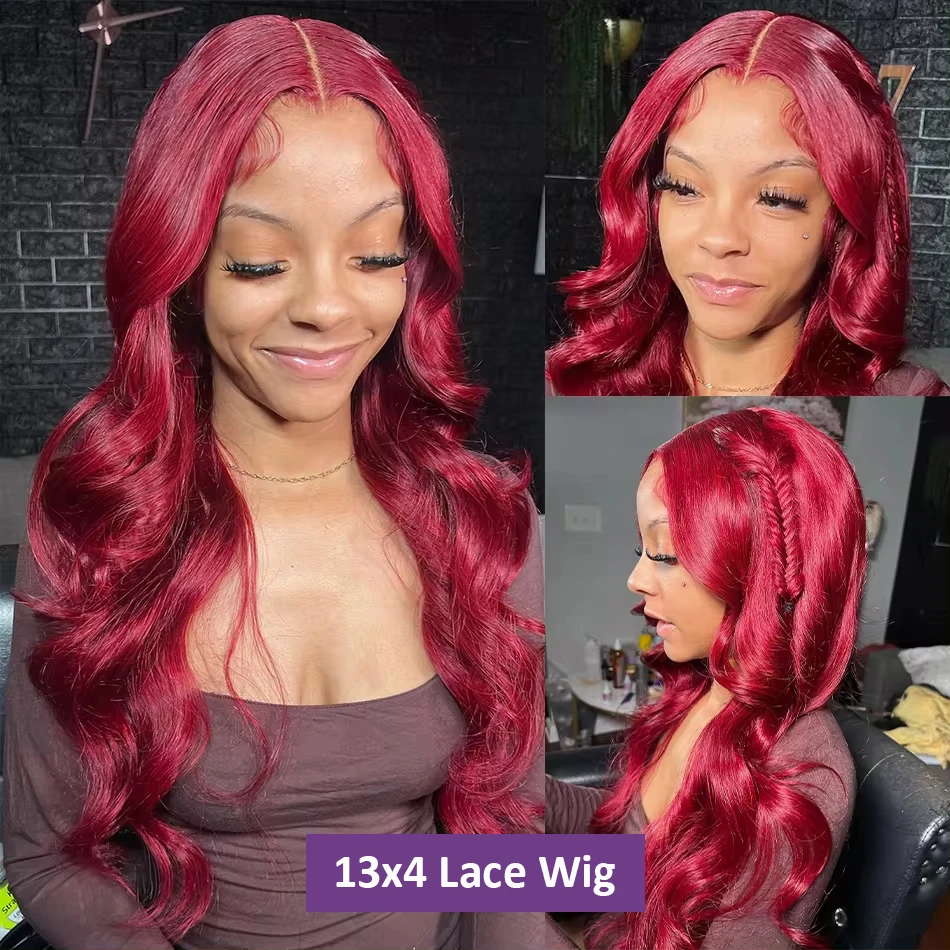 99J Burgundy 13x4 200 Density Lace Frontal wigs Human Hair Body Wave 28 30 Inch Full Lace Front Wig Transparent Wine For Women