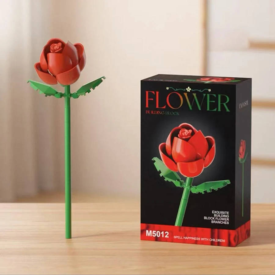 Four building block flowers form a group. Roses, hibiscus, tulips building blocks flowers. Beautiful desktop decorations,gifts.