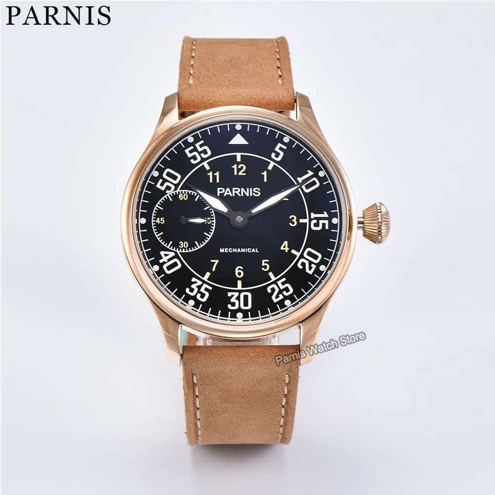 Parnis 44mm Black Dial Hand Winding Men's Mechanical Pilot Watch Small Second Dial