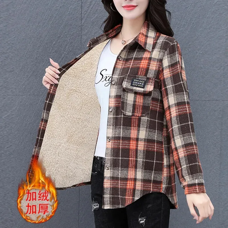 Spring Autumn Winter Add Velvet Plaid Shirt Frosted cotton Women\'s Shirt Blouse Long Sleeved Casual Warm Shirt Jacket 2024