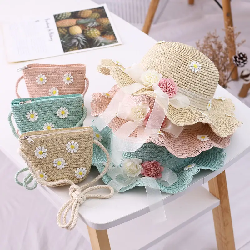 Girls Sun Straw Hat Kids Summer Beach Packable Hats set Cute Floppy Cap Adjustable Size with Chin Strap for 5-10 Years