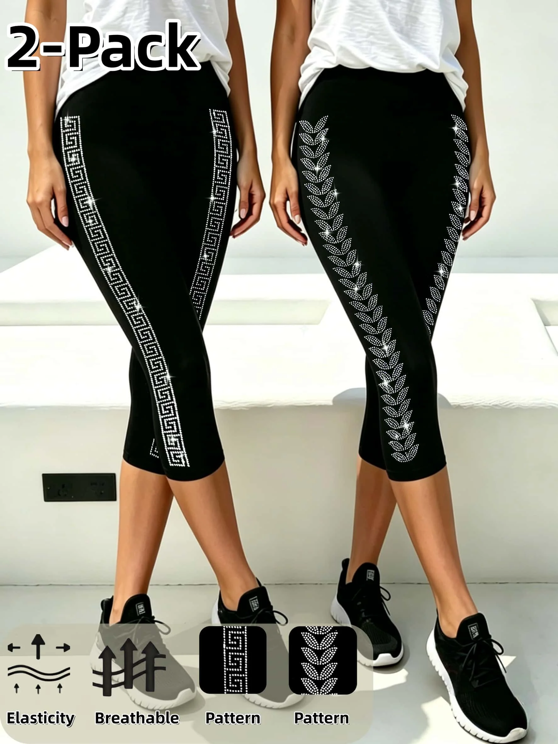 

Women's Side Rhinestone Capri Leggings Breathable Elastic Slim Fit Black Cropped Pants Casual High Waist Tights for Daily