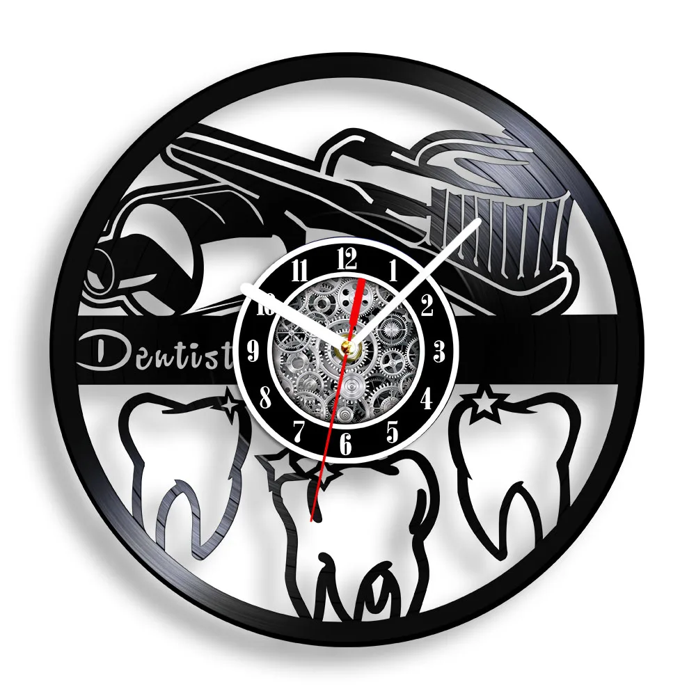 Relógio de Parede Decorativo de Disco de Vinil Esculpido com Tema Odontológico: Escultura de Dente, Escova de Dente e Pasta de Dente – Relógio Retrô de Álbum Musical para Dentistas