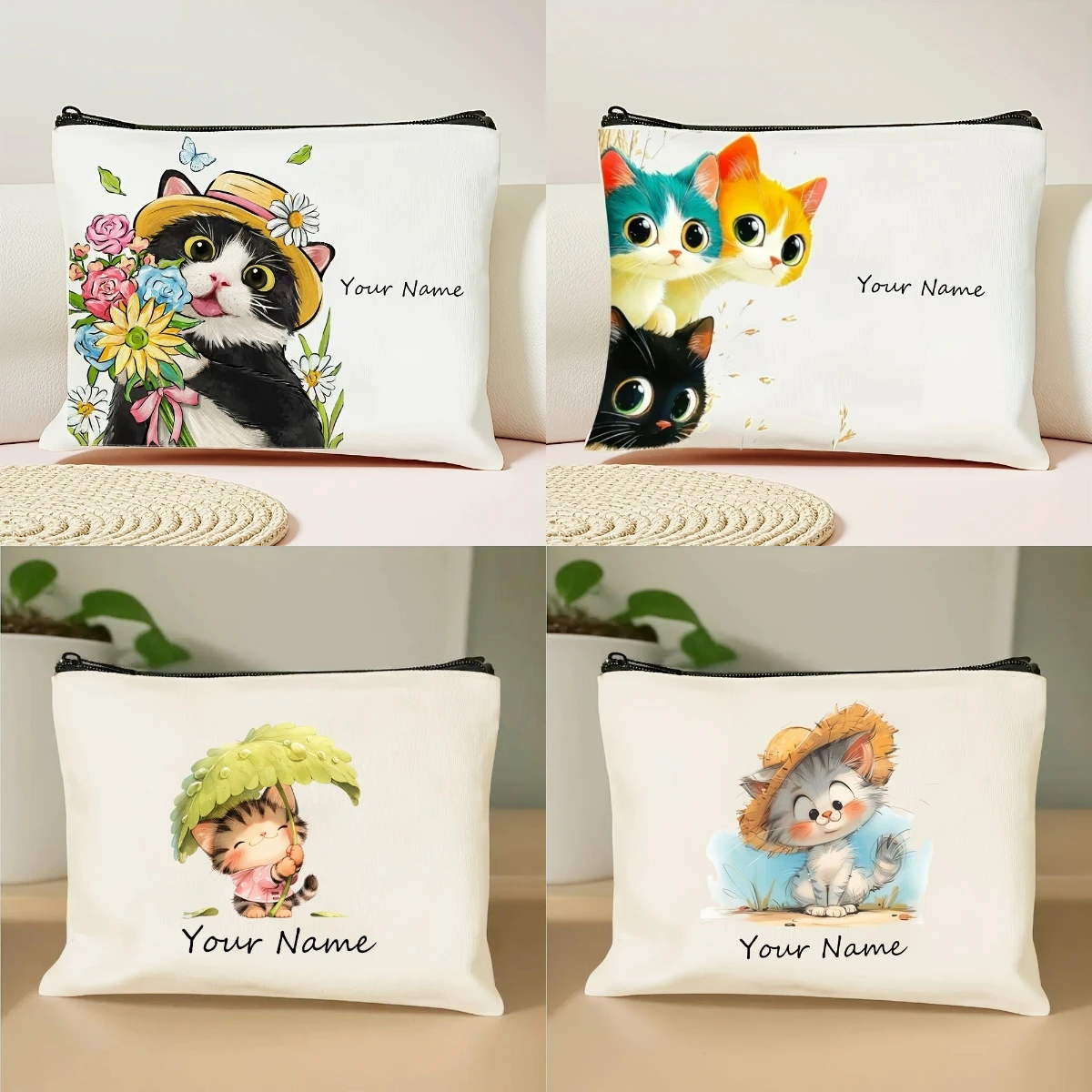 Chic Kitten Nombre personalizado Lindo floral gato Bolsa de maquillaje Bolsa de cosméticos duradera Bolsa de almacenamiento liviana y plegable para viajes Uso diario