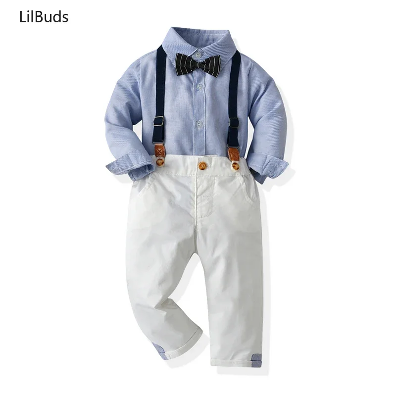 2024Baby Boys Gentleman Clothes Set Fashion Kids Toddler Casual Long Sleeve Children Striped Shirt Tops suspenders Pants Outfits