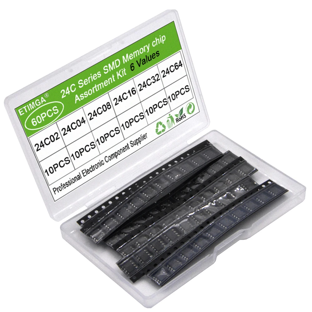 60PCS 6Werte Speicher Chip Sortiment Kit 24C02 24C04 24C08 24C16 24C32 24C64 Probe Tasche Mit Box SOP8