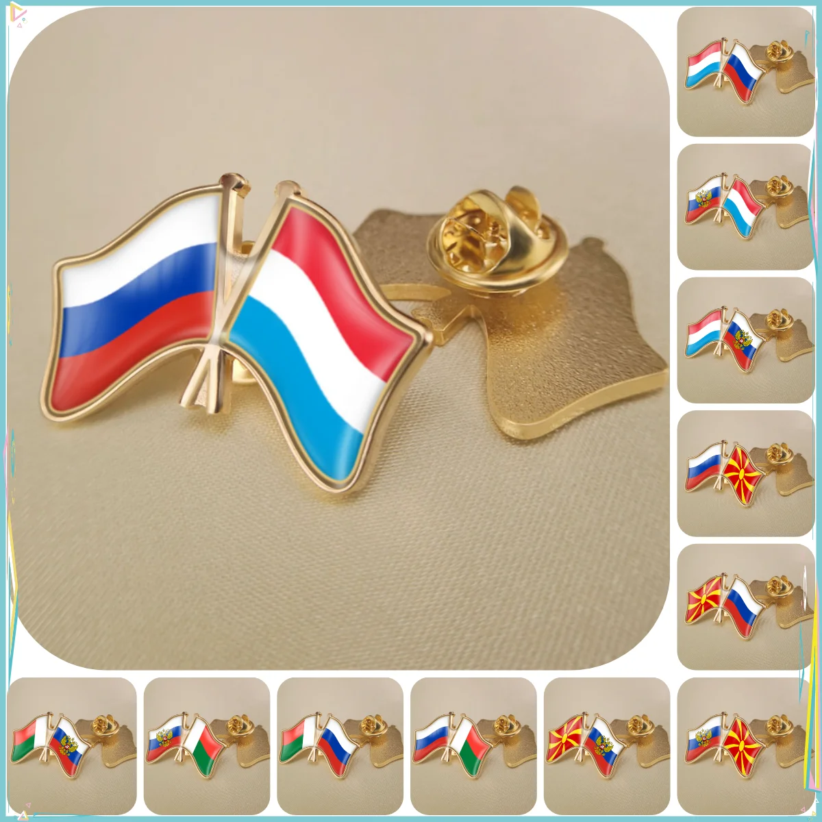 Russian Federation and Luxembourg Macedonia Madagascar Double Crossed Friendship Flags Brooches Lapel Pins Badges