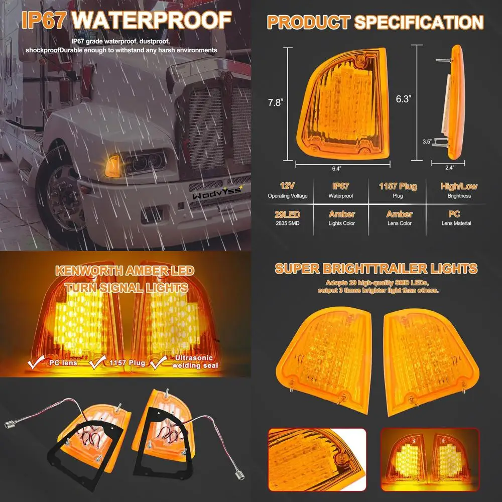

Kenworth T600/660/K300/300/330 Front LED Turn & Parking Lights, Amber, LH & RH, 1157 Plug Assembly