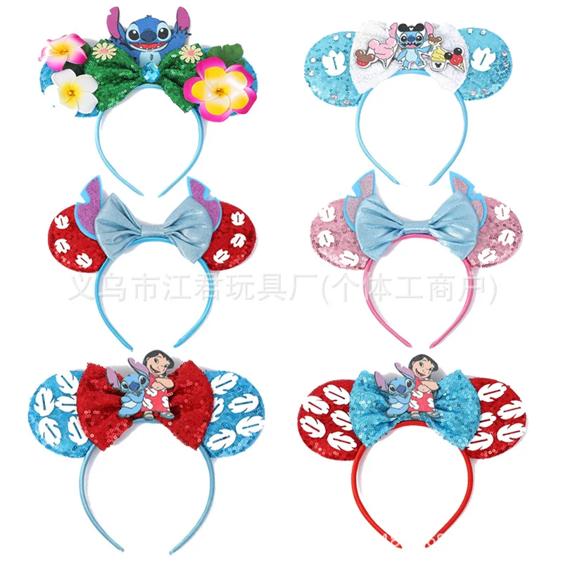 Kawai Disney Stitch Fascia per capelli Topolino Simpatico Buzz Lightyear Fascia per capelli con fiocco in paillettes Accessorio per capelli Decorazione del parco divertimenti