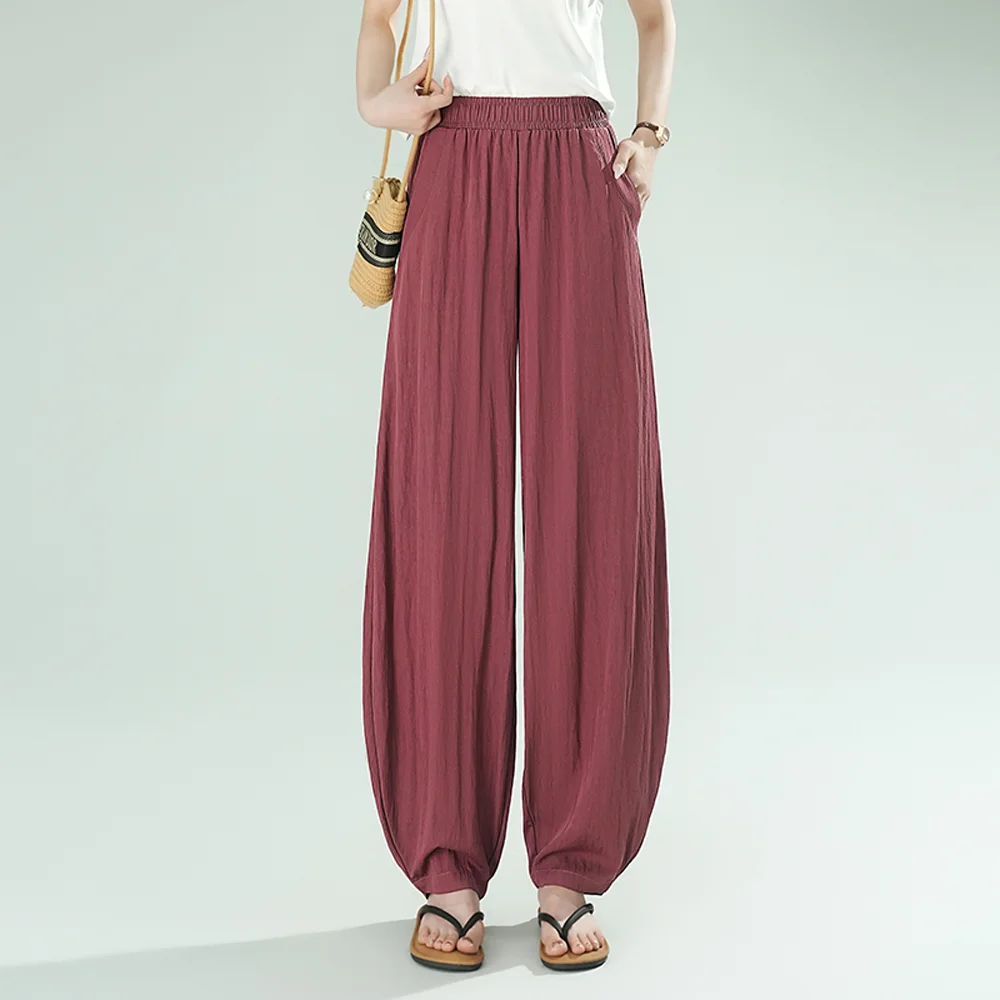 

Korean style wine red wide leg pants for women's autumn new high-end solid color fashionable plus size casual lantern pants