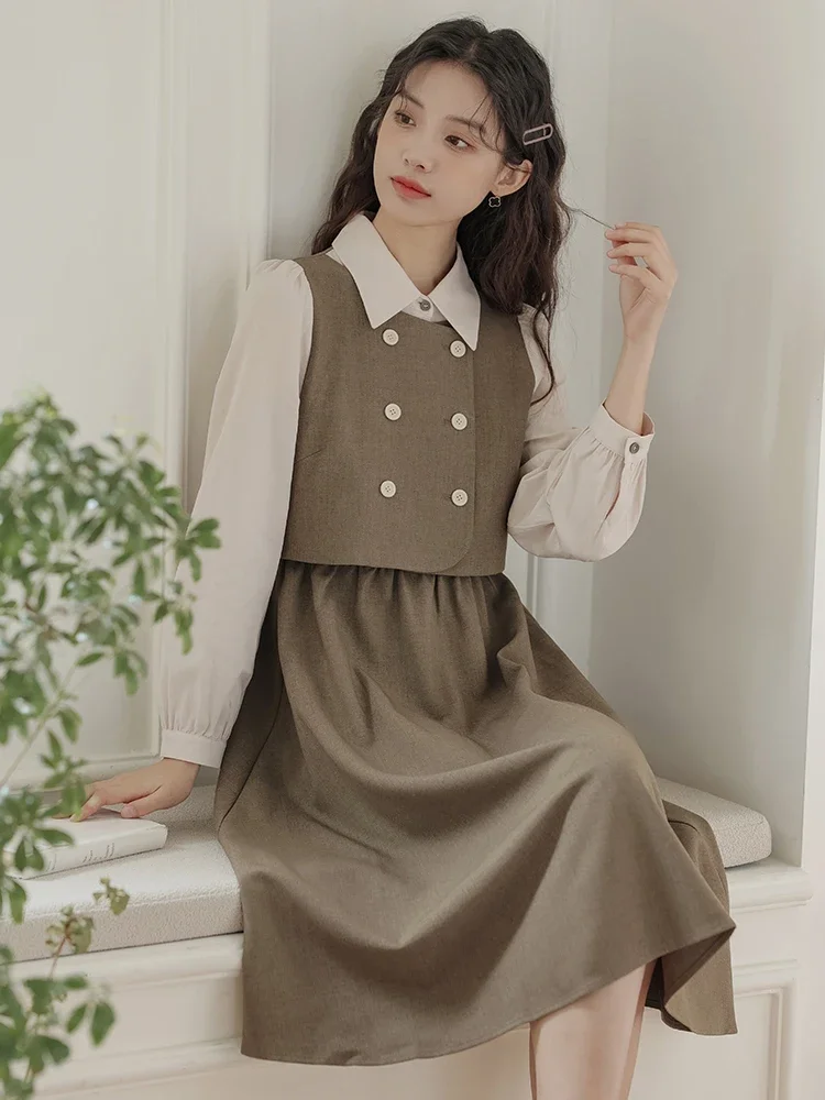 

Women French Literary Retro Dress Autumn British Style Fake Two piece Design Chic Long Sleeve Dresses Lady Korean Casual Clothes