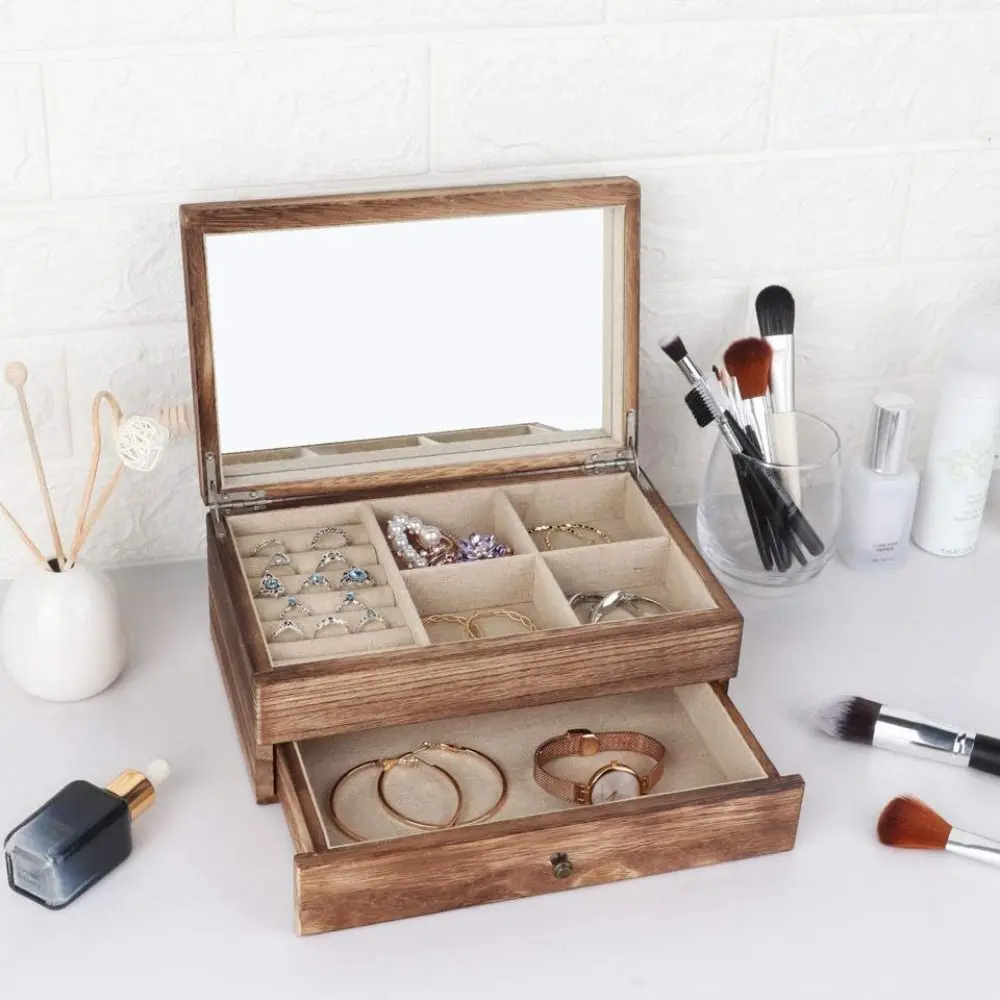 Double Layer Wooden Jewelry Display Box Vintage Soft Lining Rings Earrings Storage Case with Mirror Multicompartment