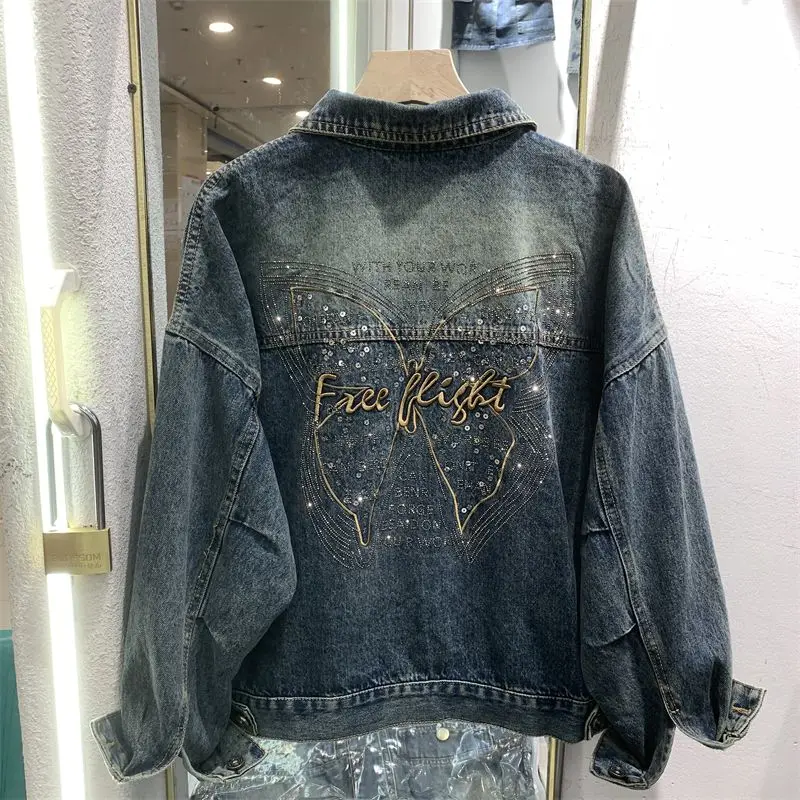 Butterfly Embroidered Denim Jacket Women Spring Autumn Long Sleeve Cotton Outerwear Button Female Girl Casual Jeans Coat