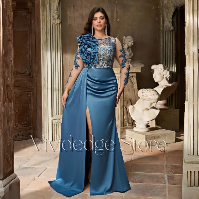 Elegant Blue Bride Mother Dress 2025 Wedding Long Sleeve Side Split Trailing Beaded Ruffled Decoration Mum Gown Customized