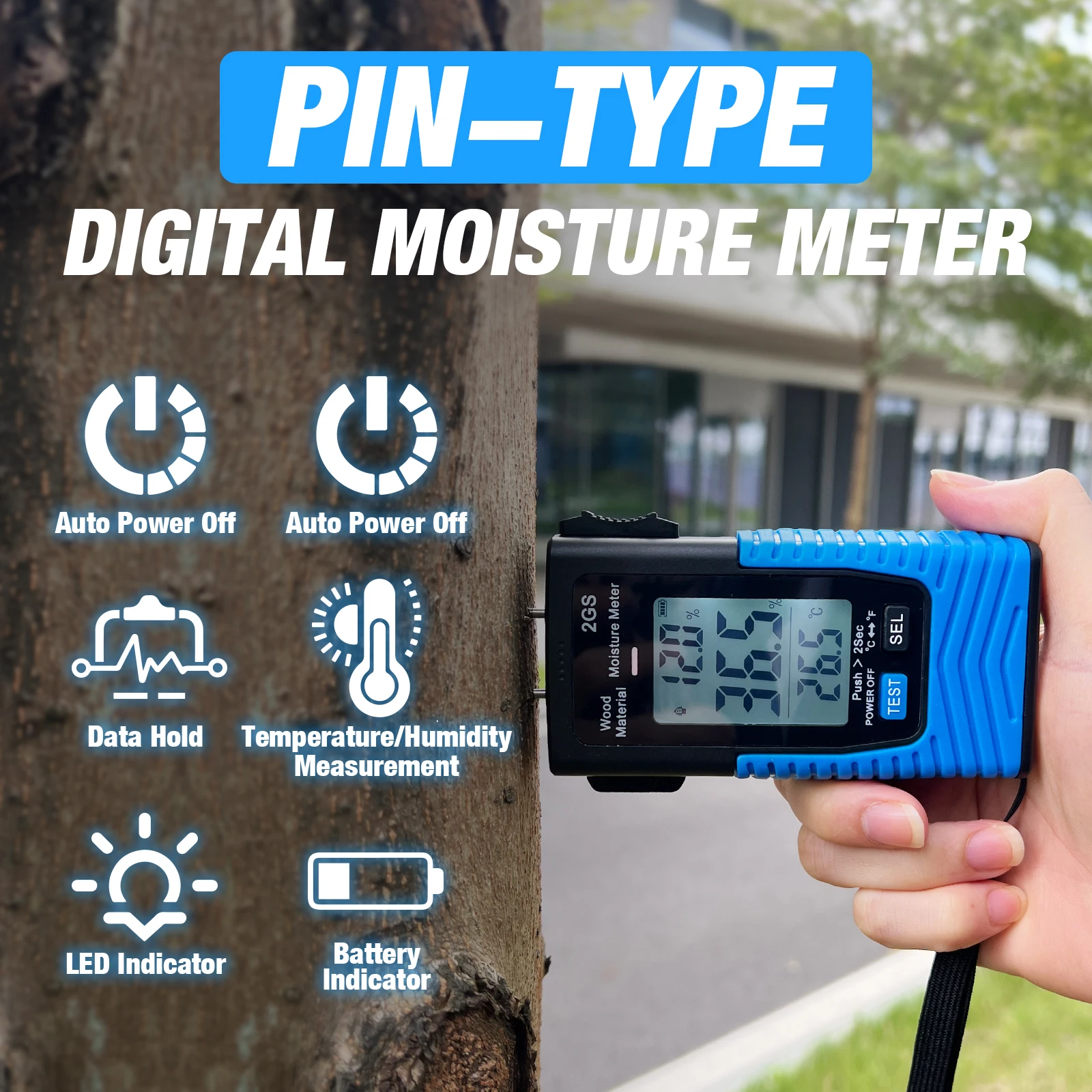 

Digital Wood Moisture Meter, Pin Type Water Leak Detector Handheld Humidity Tester with LED Indicators, Temperature Measurement