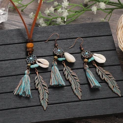 Bohemian Leaf Shell Flower Pendant Necklace Tassels Earrings Jewelry Set For Women Fashion Ethnic Dangle Earrings Jewelry Gift