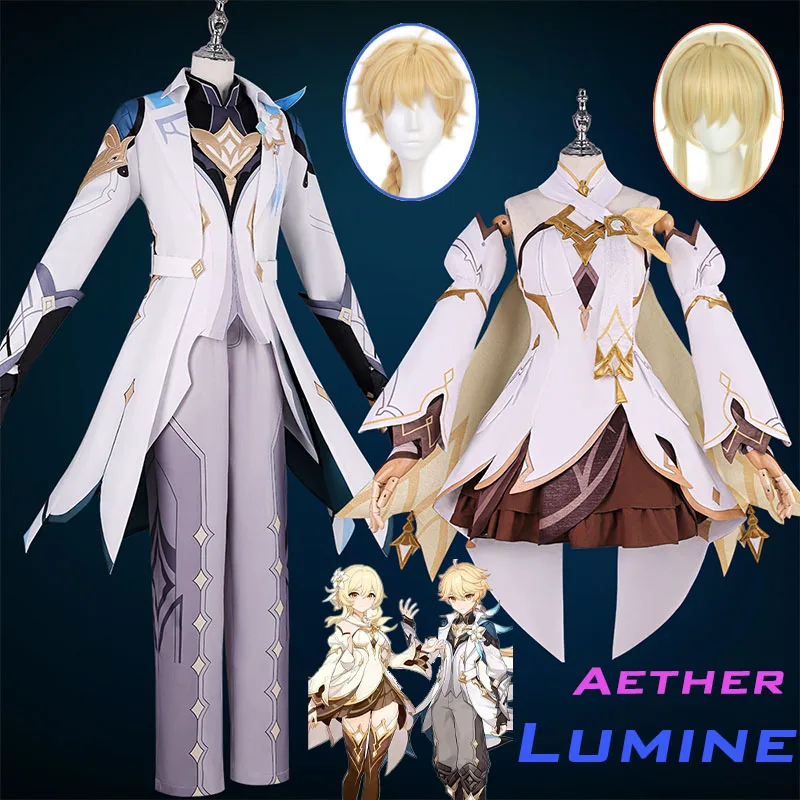 

Game Genshin Impact The Traveler Cosplay Costume Aether Lumine New Skin Uniform Illuminated Accessory Halloween Party Women Men