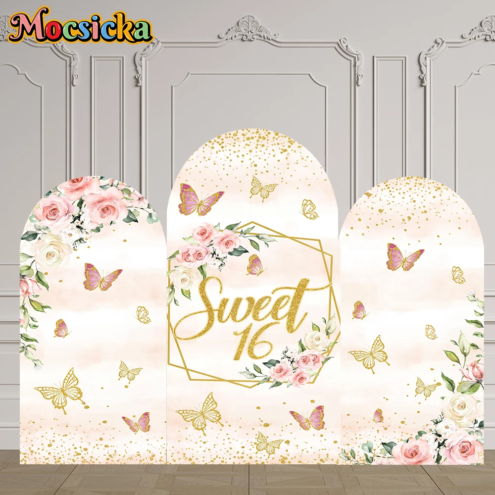 

Mocsicka Watercolor 2 Sided Arch Backdrop Soft Pink Gold Floral Semi Circle Border Butterflies White Roses Gold Glitter Dots
