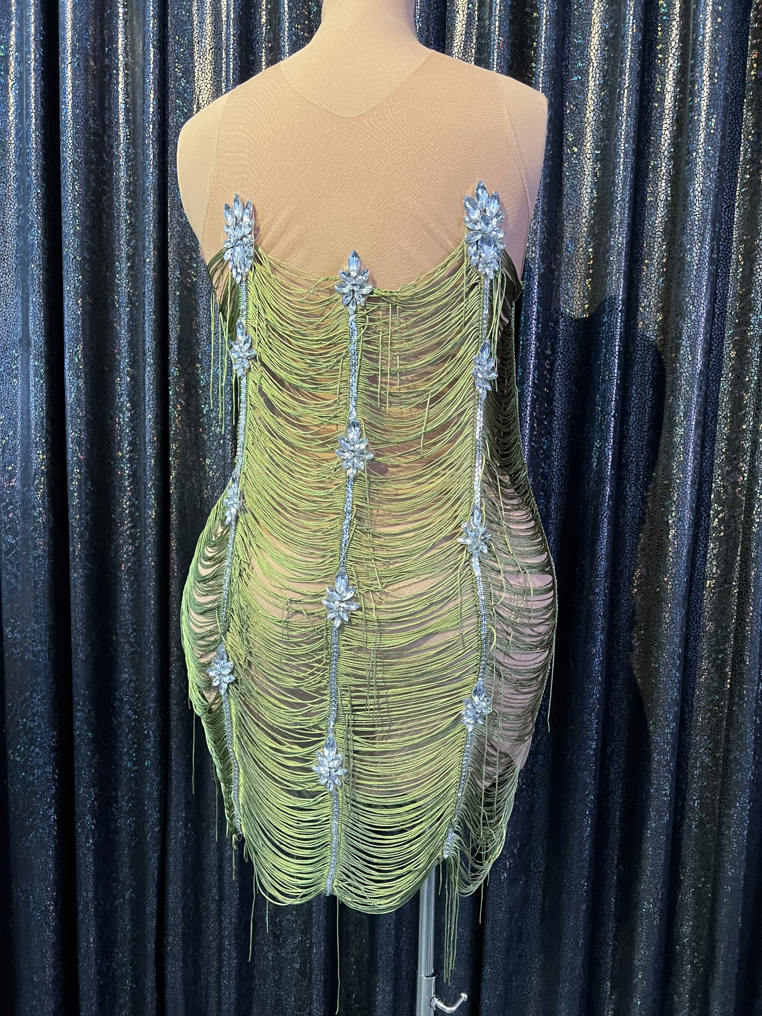 Club Singer  Party  Show Neon Green Tassel Rhinestones Transparent Sleeveless Mesh Birthday Celebrate Stretch Dress