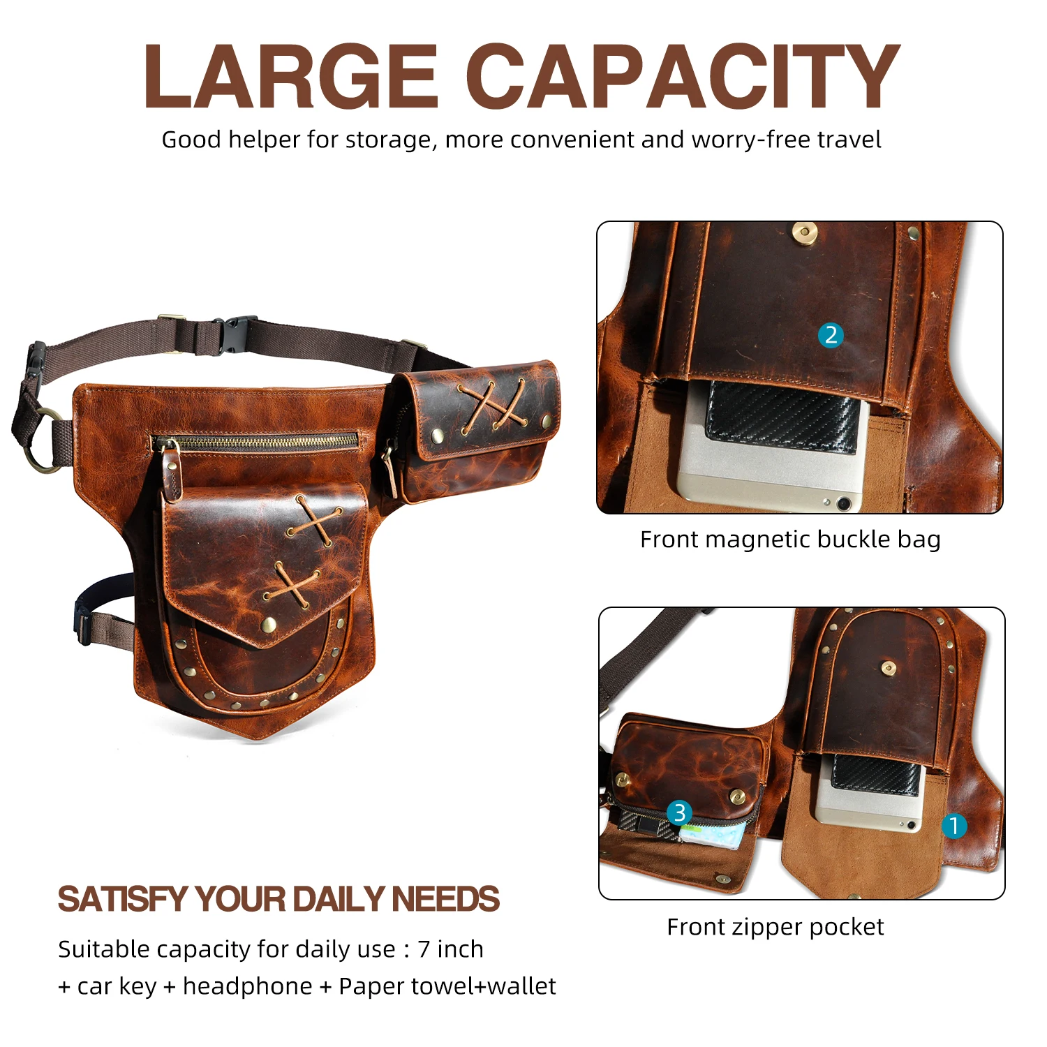 Top Quality Leather Design Vintage Messenger Sling Bag Fashion Travel Fanny Waist Belt Pack For Men Male Leg Drop Bag 211-8-c