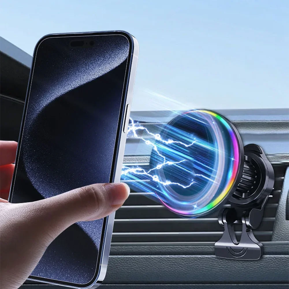 

New 15W Magnetic Wireless Car Charger Fast Charging Station With RGB Light For Mobile Phone Car Phone Holder Stand Accessories