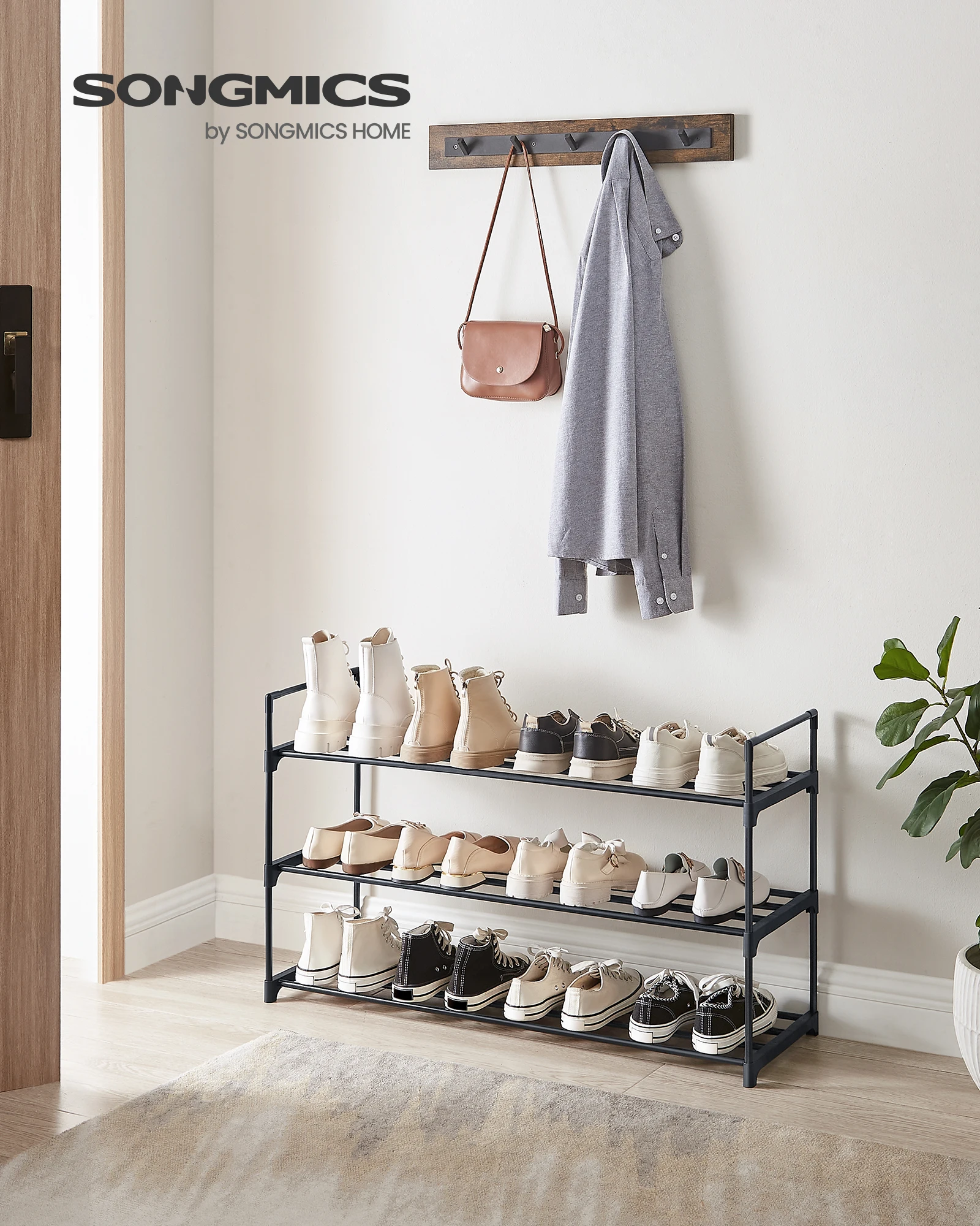 SONGMICS Schuhregal 3 Ebenen, Schuhständer Metall, Schuhaufbewahrung, Schuh-Organizer für 12-15 Paar Schuhe, stapelbar