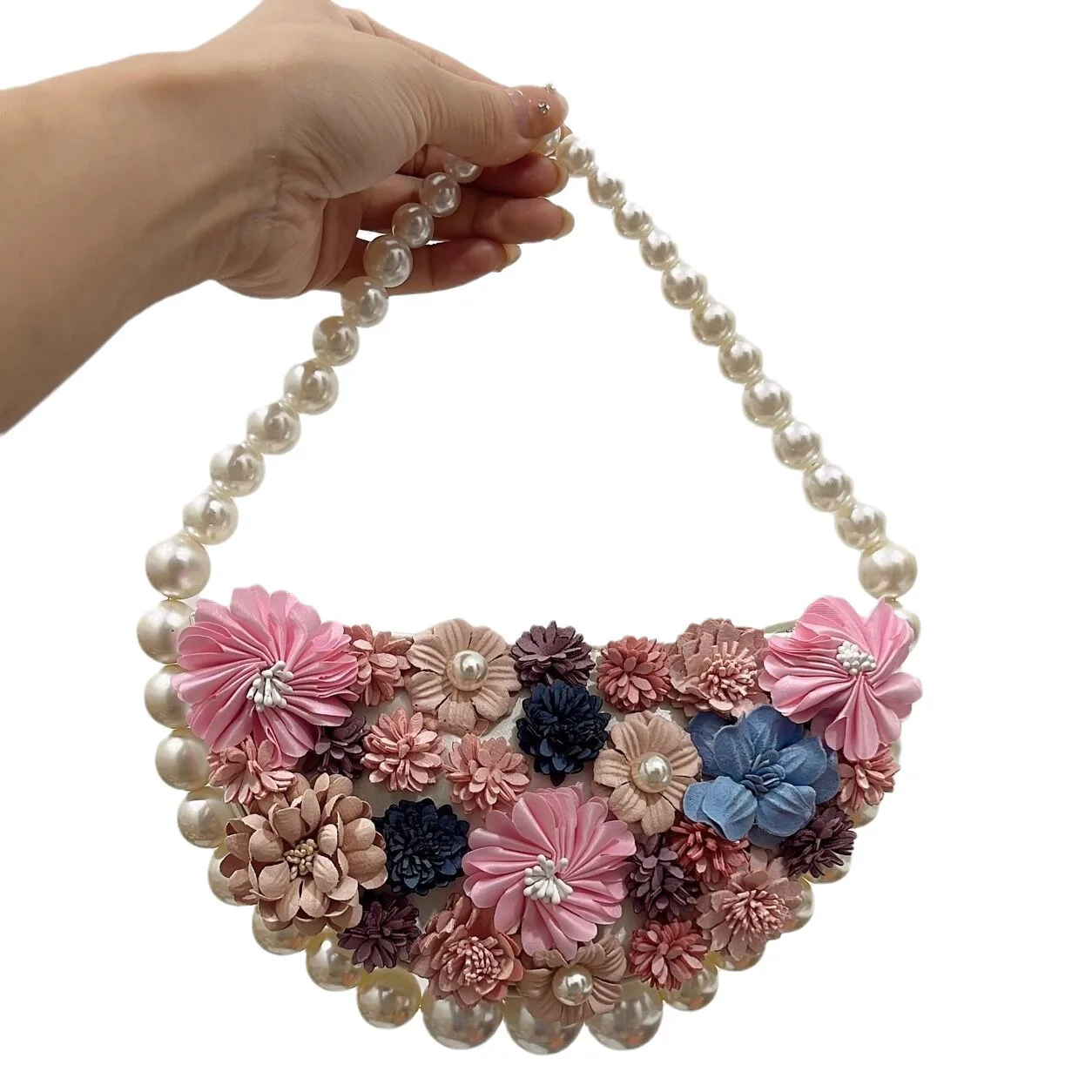 

French Style Pearl Evening Bag - Silk Floral Rhinestone Clutch, Fairy Wristlet Handbag for Wedding Guest, Party Purse for Women