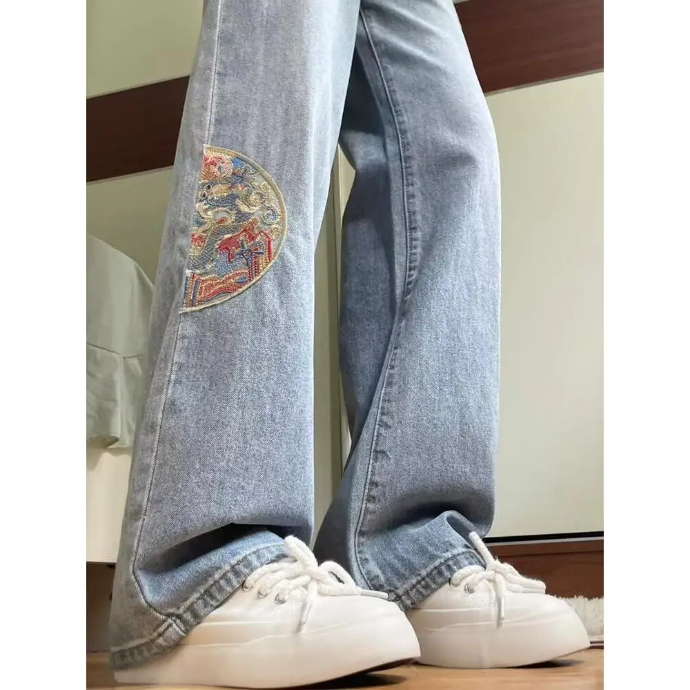 

New Chinese Style Men's Straight Leg Jeans Autumn New Loose Wide Leg Pants Embroidered Dad Pants Cotton Polyester Blend