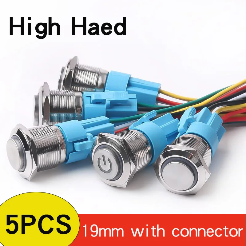 

5PCS 19mm High Head Waterproof Momentary Self-Locking 5Pins Metal Push Button Switch LED Light Car Engine Power Switch 1NO1NC