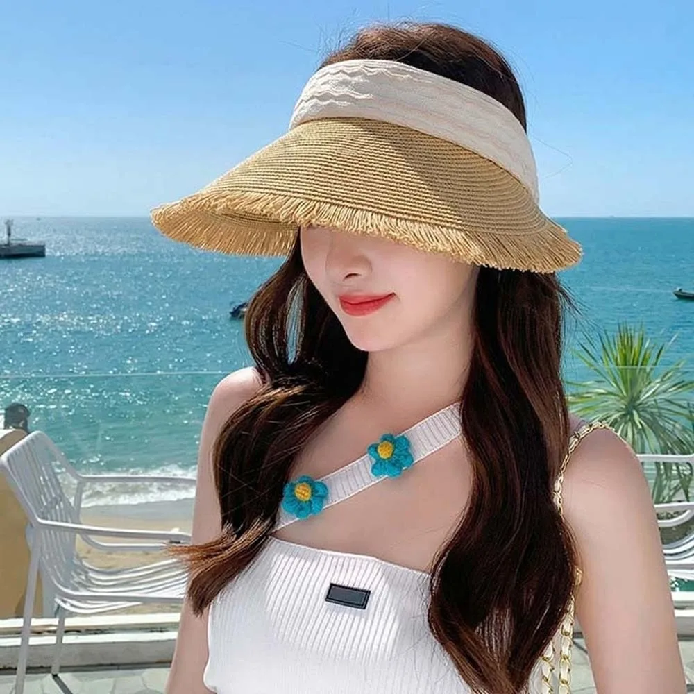 

Portable Straw Visor Cap Solid Color Polyester Wide Brim Woven Cap Breathable Versatile Folding Sunshade Hat Beach