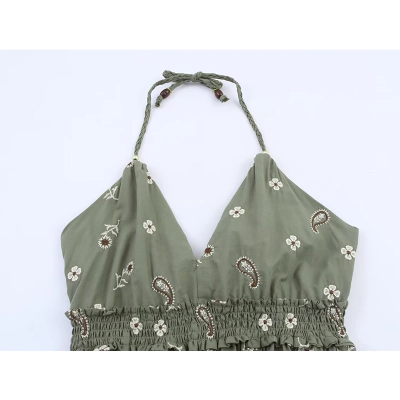 2025 Bohoเย็บปักถักร้อยMidiชุดผู้หญิงเซ็กซี่Backless Halter A-Lineฤดูร้อนชุดหญิงวันหยุดVestidos