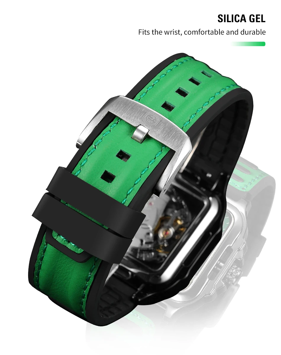 FORSINING Original Square Skeleton Mechanical Men Wristwatches Automatic Movement Field Sport Green Rubber Luxury Replica Watch