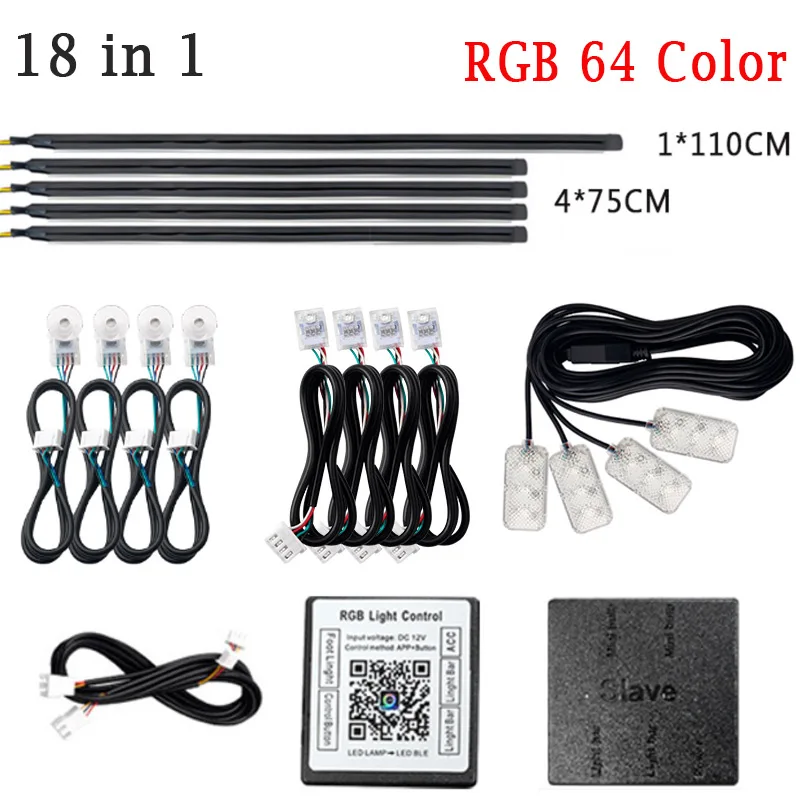 Piezas de lámpara de ambiente 18 en 1, tira de luz de 75CM y 110CM, cable de extensión de controlador principal/subcontrolador RGB de 64 colores, lámpara de almacenamiento para pie y puerta