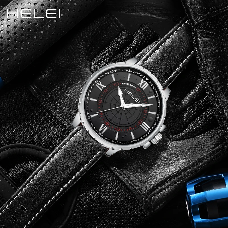 HELEI2024 new men's quartz watch leather ancient Roman numerical dial men's clock business waterproof luxury men's watches