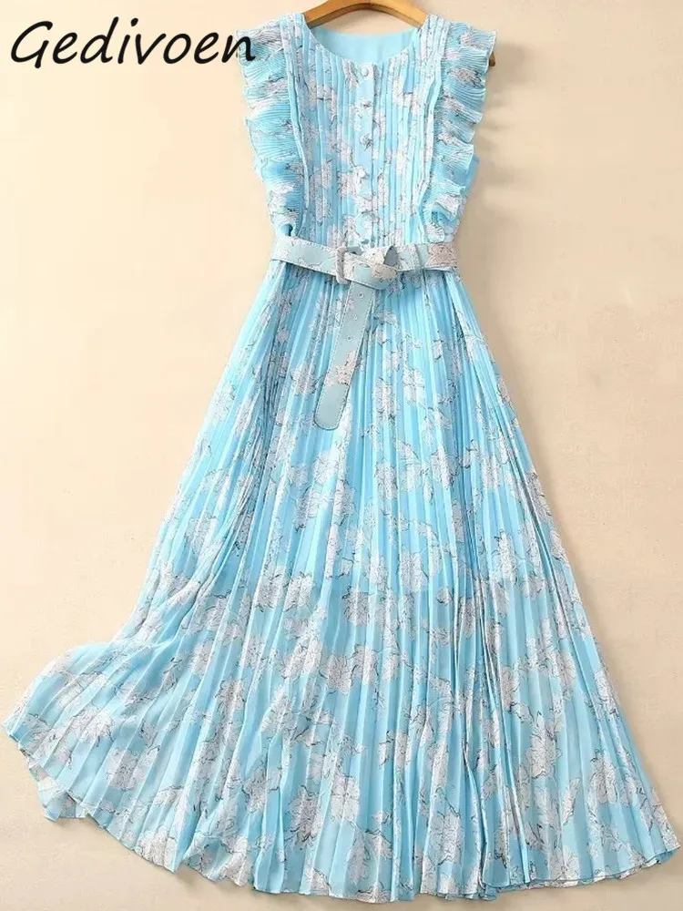 Gedivoen Vintage Fashion Designer Vintage Floral Print Dress Women's O Neck Ruffles Sashes Gathered Waist Slim Tank Long Dress