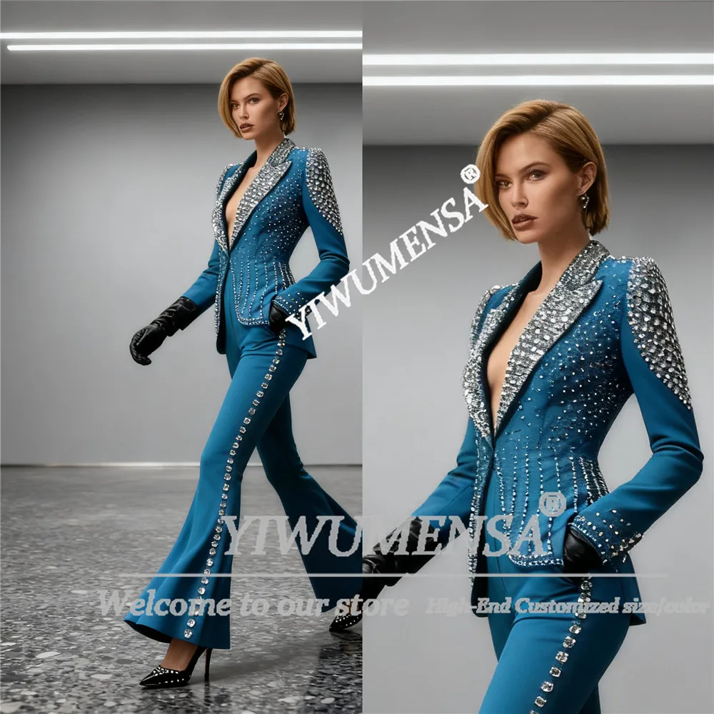 

Unique Design Women Pants Suit 2 Pieces Rhinestone Crystals Prom Blazers Customized Bride's Mother Tuxedos Lady Busienss Outfits