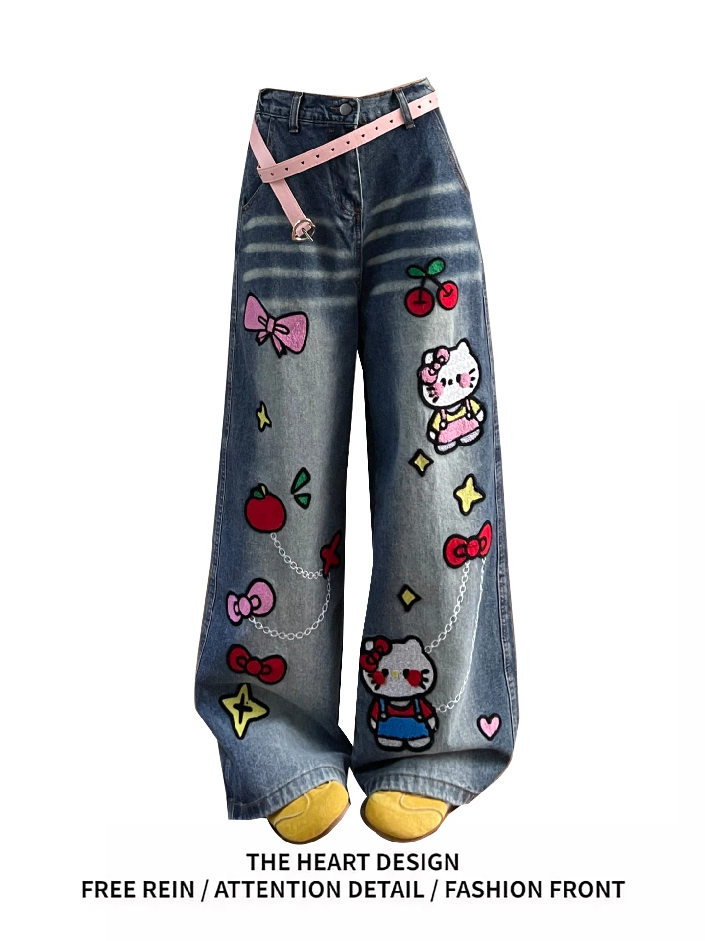 

Blue Cartoon Kit Print Wide Leg Pants High Waist Loose Fit Women's Jeans Casual Sle Spring New Arrival Trendy Denim Trousers