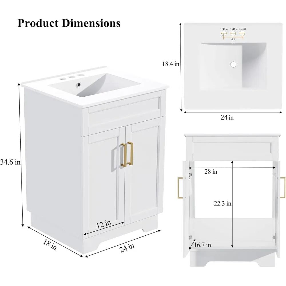 Bathroom Vanity with Ceramic Sink, Bathroom Vanity Cabinet with 2 Doors, 24 Inches Wooden Bathroom Sink Cabinet