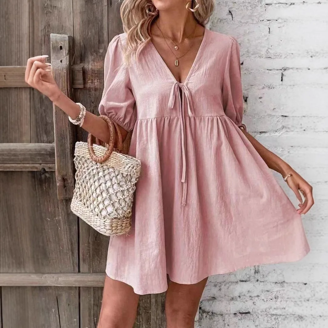 2025 Summer Women's Casual Mini Dress Fashion Elegant Comfort Lace-up V-neck Solid Color Vestidos Loose A-Line Vacation Dresses