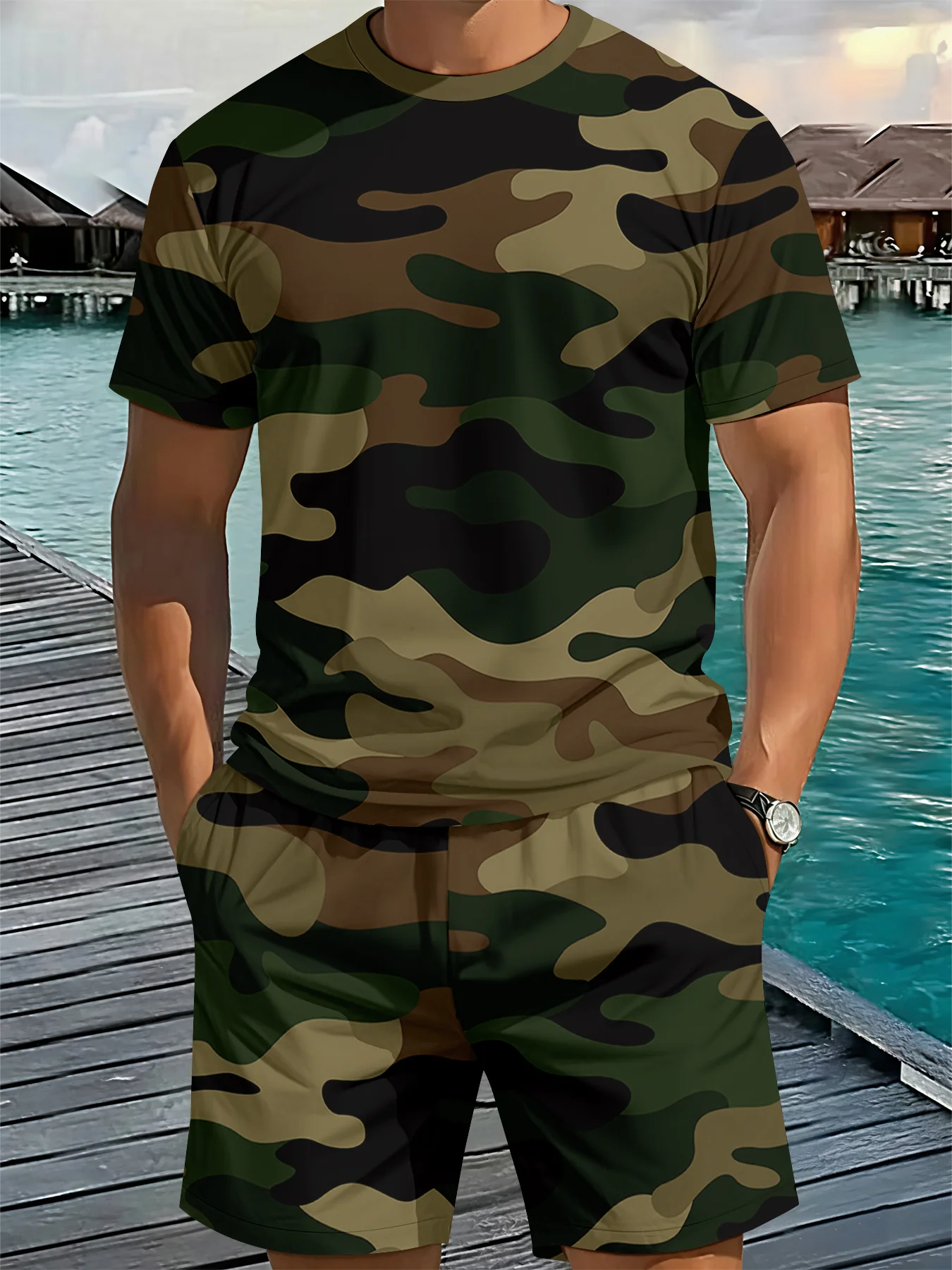 Men's Summer Outdoor Sports T-Shirt Set 3D Camouflage Quick-Dry Crew-Neck Short-Sleeve Set Men's Hiking Camping and Hunting Set