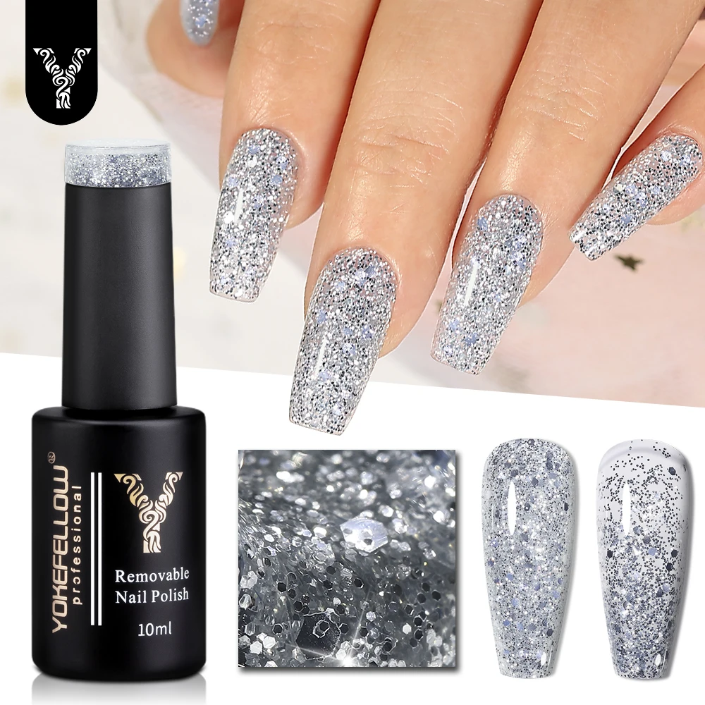 

YOKEFELLOW Glitter Gel Nail Polish 10ml Silver Sparkly Gel Polish LX12 Shiny Glitter Soak Off UV Gel for Nail Art DIY Gift