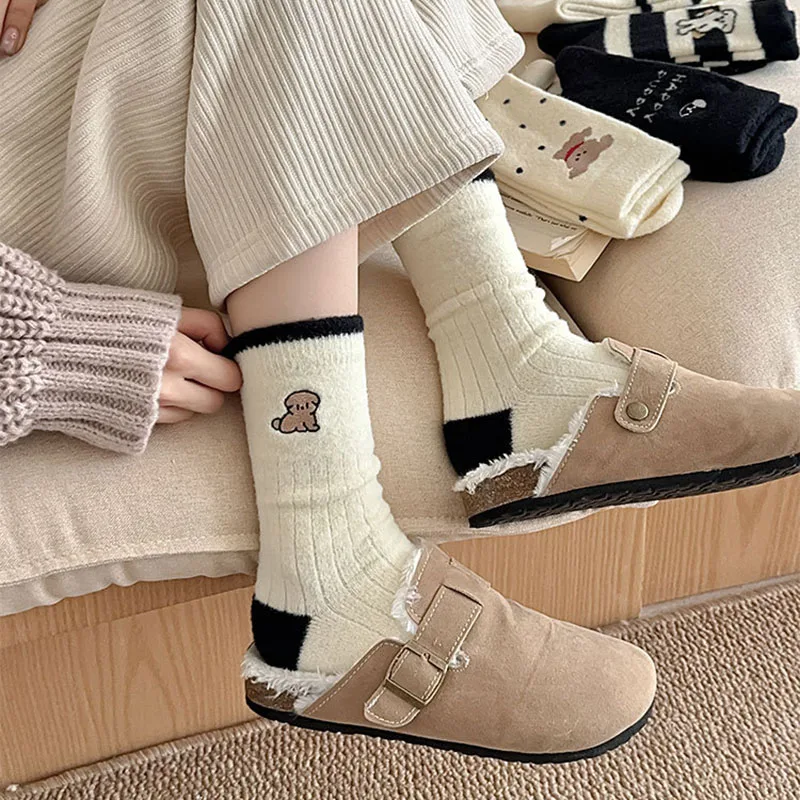 Autumn Winter Socks Breathable Womens Mid-tube Hose With Plush Thickened Mink Velvet Cute Cartoon Warm Stockings