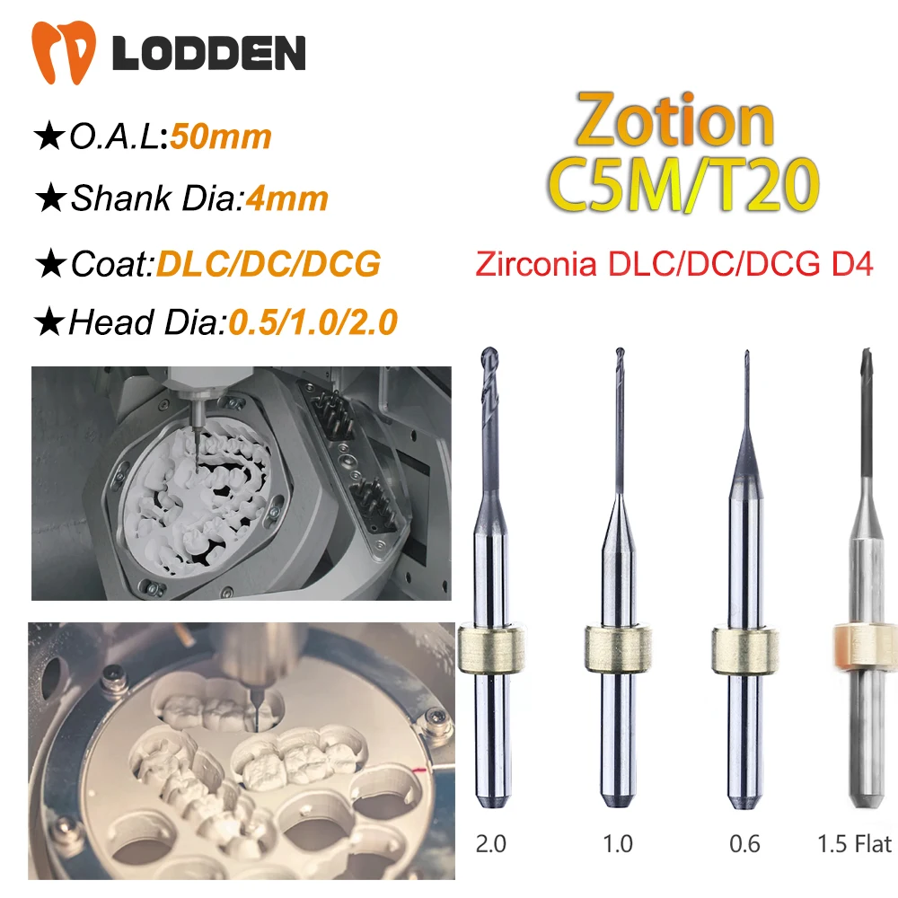 Zotion C5M/T20 Zirconia Milling Burs DLC/DC/DCG Diamond Coating Shank D4 50MM Length 0.6/1.0/2.0mm Flat End /Magnetic Ring